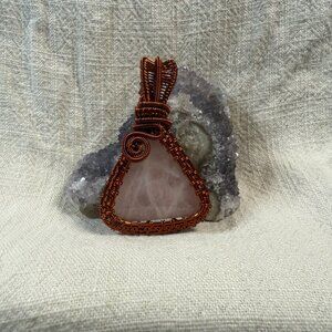 Handmade Copper Wire Wrapped Rose Quartz Triangle Natural Gemstone Pendant